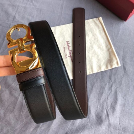 Top Replica Salvatore Ferragamo Men's 3.5cm Reversible Belt with Gold Metal Clip, Black