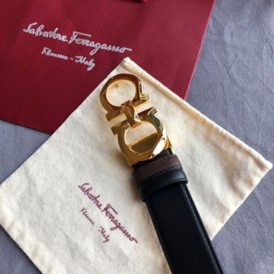 Top Replica Salvatore Ferragamo Men's 3.5cm Reversible Belt with Gold Metal Clip, Black