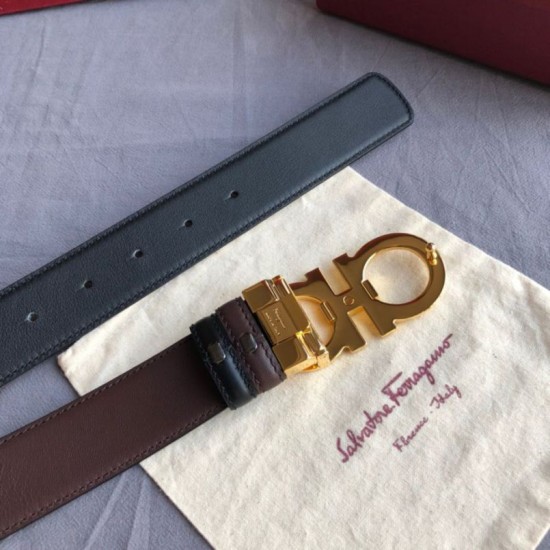 Top Replica Salvatore Ferragamo Men's 3.5cm Reversible Belt with Gold Metal Clip, Black
