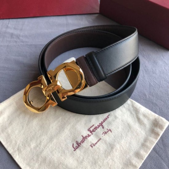 Top Replica Salvatore Ferragamo Men's 3.5cm Reversible Belt with Gold Metal Clip, Black