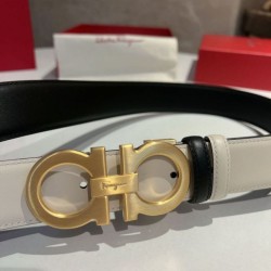 Top Replica Salvatore Ferragamo Men's 3.5cm Reversible Belt with Metal Clip Gold Black/White
