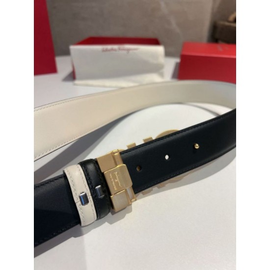 Top Replica Salvatore Ferragamo Men's 3.5cm Reversible Belt with Metal Clip Gold Black/White