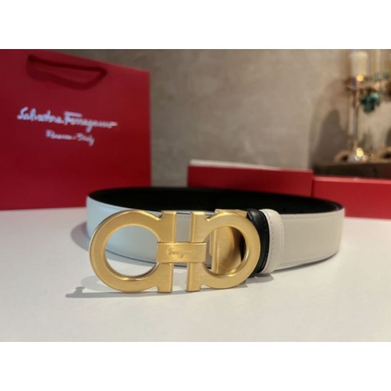 Top Replica Salvatore Ferragamo Men's 3.5cm Reversible Belt with Metal Clip Gold Black/White