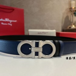 Top Replica Salvatore Ferragamo Men's 3.5 cm Reversible Belt with Silver Metal Clip (Black/Blue)