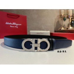 Top Replica Salvatore Ferragamo Men's 3.5 cm Reversible Belt with Silver Metal Clip (Black/Blue)