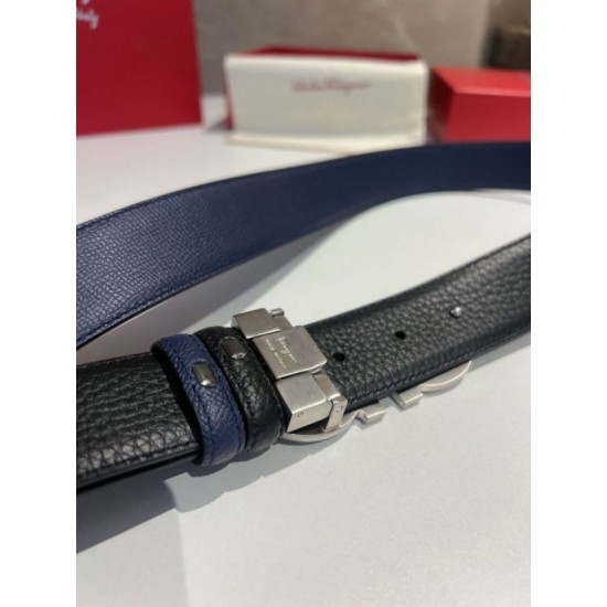 Top Replica Salvatore Ferragamo Men's 3.5 cm Reversible Belt with Silver Metal Clip (Black/Blue)
