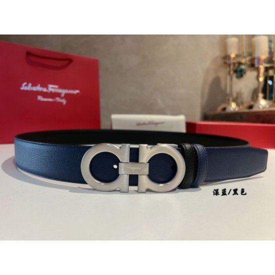 Top Replica Salvatore Ferragamo Men's 3.5 cm Reversible Belt with Silver Metal Clip (Black/Blue)