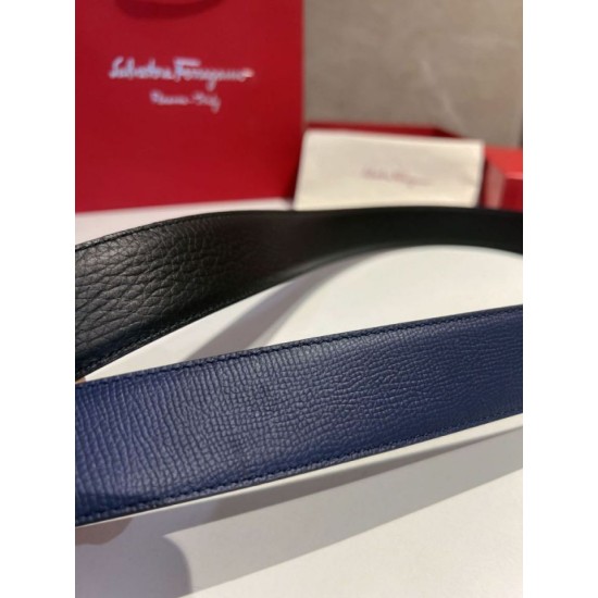 Top Replica Salvatore Ferragamo Men's 3.5 cm Reversible Belt with Silver Metal Clip (Black/Blue)