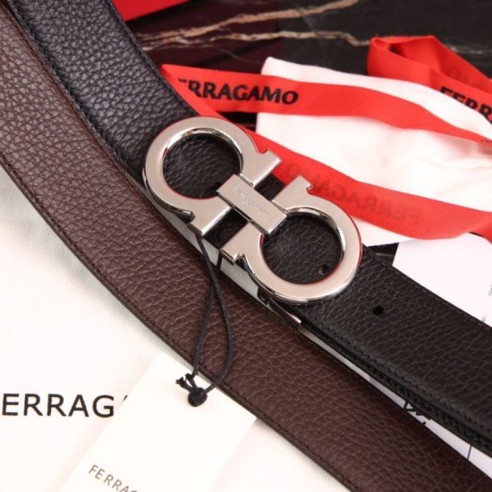 Top Replica Salvatore Ferragamo Men's 3.5 cm Reversible Belt with Steel Buckle (Black/Coffee)