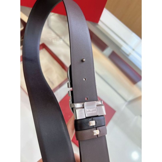 Top Replica Salvatore Ferragamo Men's 3.5 cm Reversible Belt with Double-Ring Horseshoe Buckle