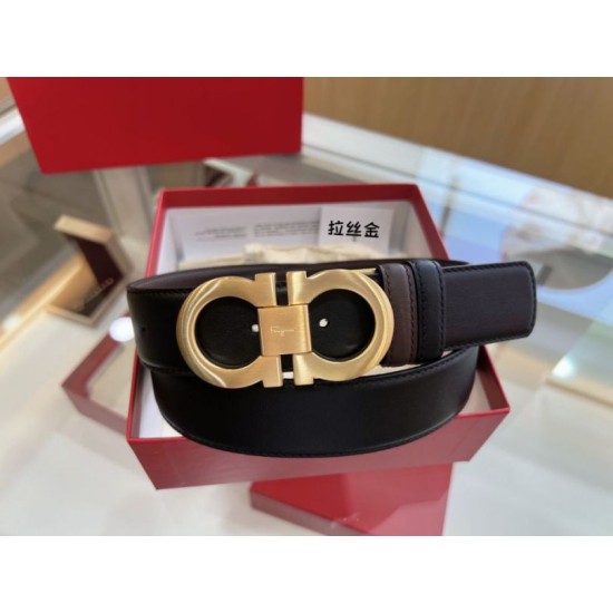 Top Replica Salvatore Ferragamo Men's 3.5 cm Reversible Belt with Double-Ring Horseshoe Buckle