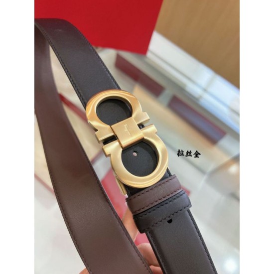Top Replica Salvatore Ferragamo Men's 3.5 cm Reversible Belt with Gold Double-Ring Horseshoe Buckle