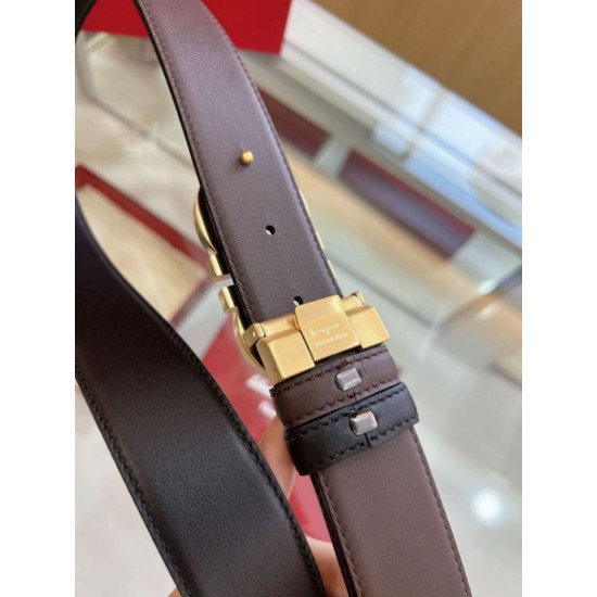 Top Replica Salvatore Ferragamo Men's 3.5 cm Reversible Belt with Gold Double-Ring Horseshoe Buckle