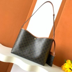 Top Replica Celine Triomphe Soft Shopper Bag in Tan Canvas/Calfskin