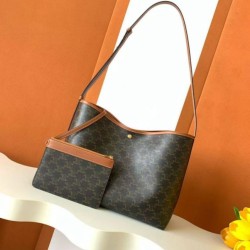 Top Replica Celine Triomphe Soft Shopper Bag in Tan Canvas/Calfskin