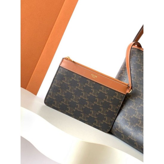 Top Replica Celine Triomphe Soft Shopper Bag in Tan Canvas/Calfskin