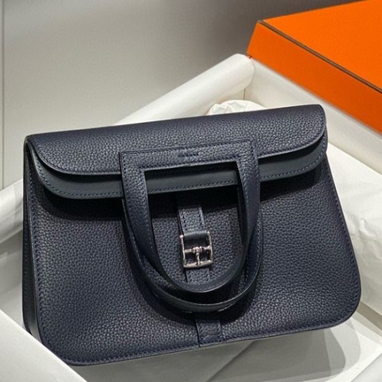 Top Replica Hermes Halzan 25 Dark Blue Clemence Bag