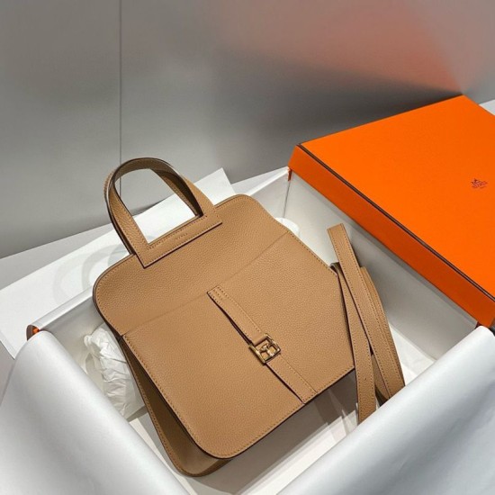 Top Replica Hermes Halzan 25 Dark Camel Clemence Bag