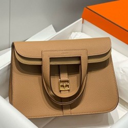 Top Replica Hermes Halzan 25 Dark Camel Clemence Bag