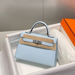 Top Replica Hermes Kelly Mini II Bag Light Blue Epsom with Gold Hardware