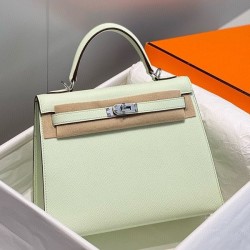 Top Replica Hermes Kelly 28cm Bag in Light Green Epsom with Silver Hardware