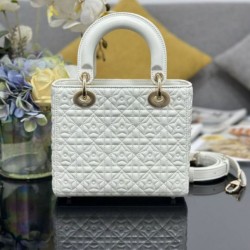 Top Replica Dior Cannage Lucky Star Studded Mini Lady Dior Bag with D.I.O.R. Charms, White