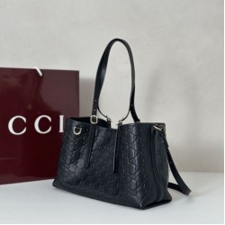 Top Replica Gucci Medium Tote Bag 815214 GG Emblem Embossed Leather Black