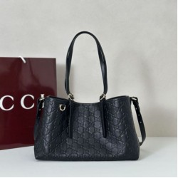 Top Replica Gucci Medium Tote Bag 815214 GG Emblem Embossed Leather Black