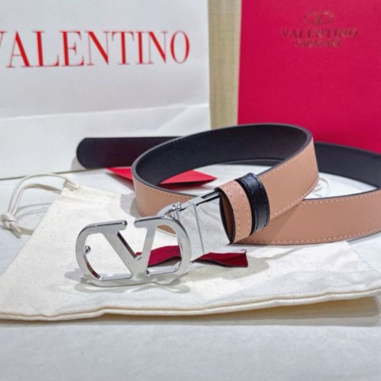 Top Replica Valentino Garavani 30mm Reversible Belt with VLogo Logo in Apricot/Black