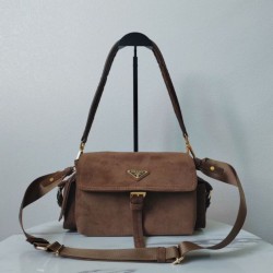 Top Replica Prada Explore medium crossbody bag with suede flap brown