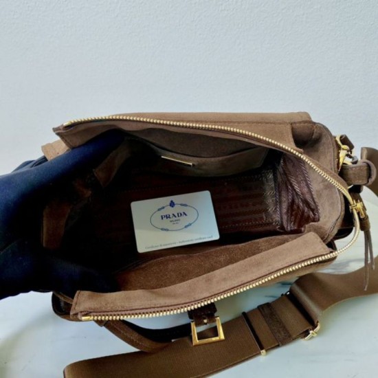 Top Replica Prada Explore medium crossbody bag with suede flap brown