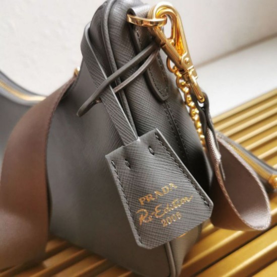 AAA Replica Prada Saffiano Leather Handbag/Hobo Bag Re-Edition 2005 Gray 1:1 Replica Prada Saffiano Leather Handbag/Hobo Bag Re-Edition 2005 Gray Knockoff