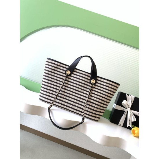 1:1 Replica Chanel Deauville AS6007 tote bag white/black striped canvas Knockoff