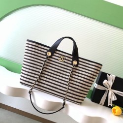 1:1 Replica Chanel Deauville AS6007 tote bag white/black striped canvas Knockoff