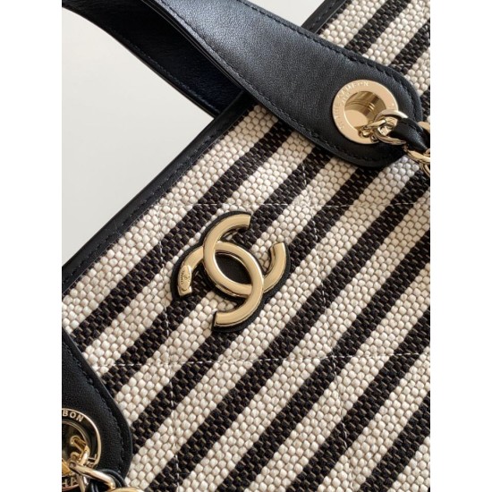 1:1 Replica Chanel Deauville AS6007 tote bag white/black striped canvas Knockoff