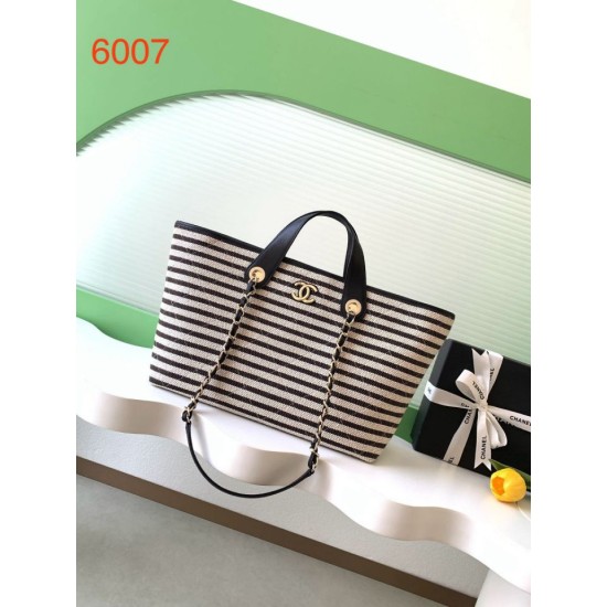 1:1 Replica Chanel Deauville AS6007 tote bag white/black striped canvas Knockoff