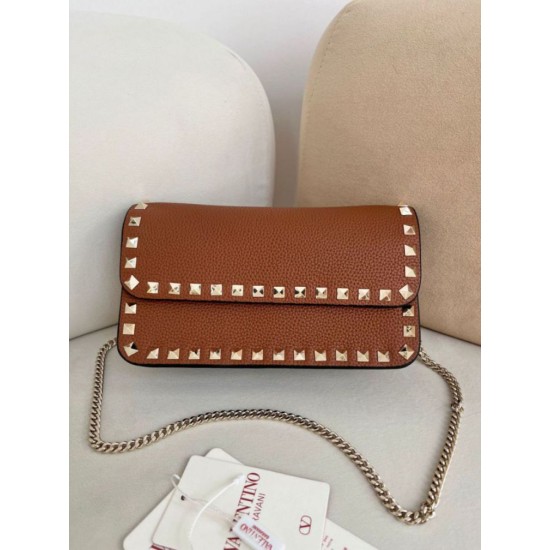 1:1 Replica Valentino Garavani Rockstud Small Flap Crossbody Bag Brown Knockoff
