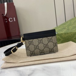 1:1 Replica Gucci GG Emblem Card Holder with Strap 819121 Black Knockoff