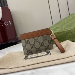 1:1 Replica Gucci GG Emblem Card Holder with Strap 819121 Brown Knockoff
