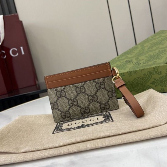 1:1 Replica Gucci GG Emblem Card Holder with Strap 819121 Brown Knockoff