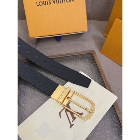 1:1 Replica Louis Vuitton 35mm Reversible Thin Leather Strap Black Gold Knockoff