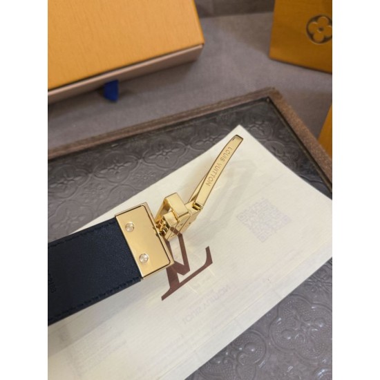 1:1 Replica Louis Vuitton 35mm Reversible Thin Leather Strap Black Gold Knockoff