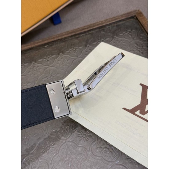 1:1 Replica Louis Vuitton 35mm Reversible Thin Leather Strap Black Silver Knockoff