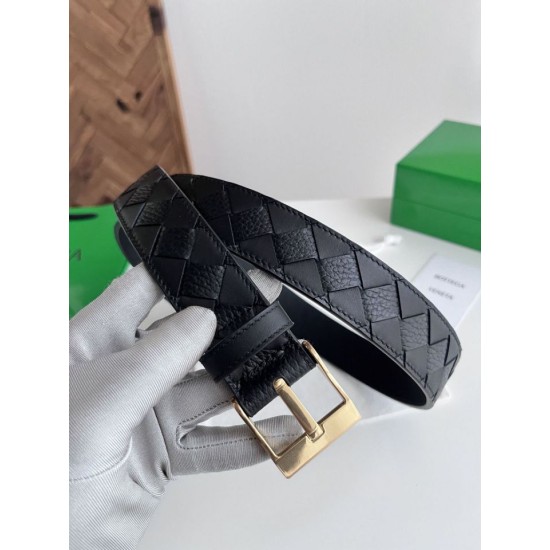 1:1 Replica Bottega Veneta Men's Intreccio Reversible Check Belt Black and Gold Knockoff