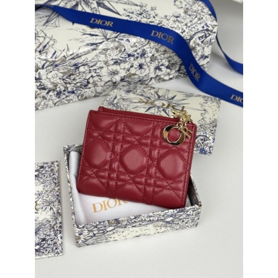 1:1 Replica Lady Dior Card Holder with Flap and Iconic Cannage Stitching Red Knockoff