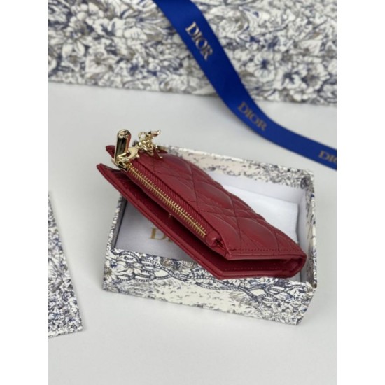 1:1 Replica Lady Dior Card Holder with Flap and Iconic Cannage Stitching Red Knockoff