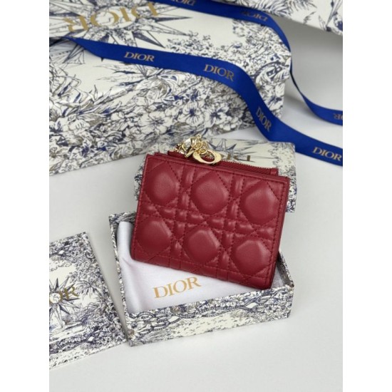 1:1 Replica Lady Dior Card Holder with Flap and Iconic Cannage Stitching Red Knockoff