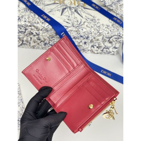 1:1 Replica Lady Dior Card Holder with Flap and Iconic Cannage Stitching Red Knockoff