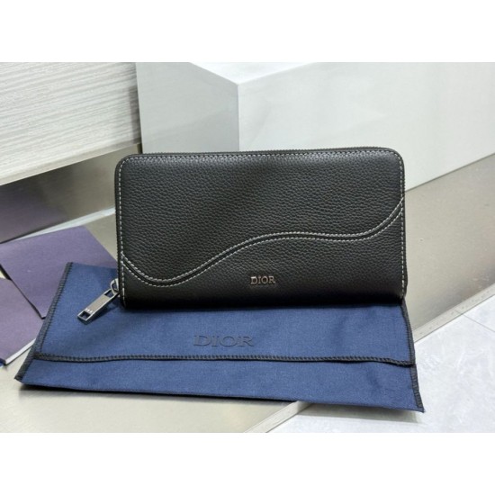 1:1 Replica Dior Saddle long zip-around wallet black grained calfskin Knockoff
