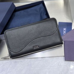 1:1 Replica Dior Saddle long zip-around wallet black grained calfskin Knockoff